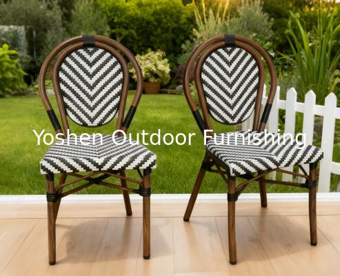 الأثاث الخارجي الروتاني كل الأحوال الجوية كرسي الحديقة الروتاني كرسي البسترو الفرنسي الأثاث الخارجي الأسود والأبيض