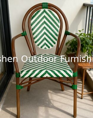 Stackable Curved-Back Synthetic Wicker & Bamboo Commercial Outdoor Green Chair