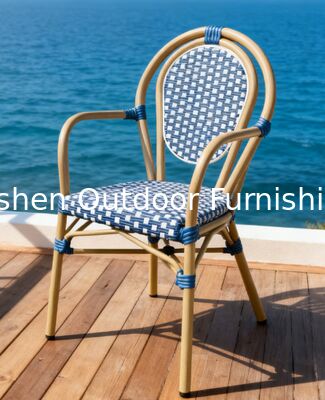 Yoshen French Bistro Chair Blue Restaurant Café Outdoor White and Blue Rattan Dining Arm Chair
