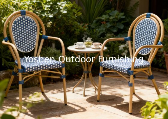 Yoshen French Bistro Chair Blue Restaurant Café Outdoor White and Blue Rattan Dining Arm Chair