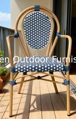Yoshen French Bistro Chair Blue Restaurant Café Outdoor White and Blue Rattan Dining Arm Chair
