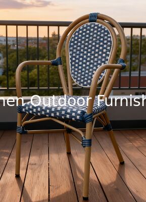 Yoshen French Bistro Chair Blue Restaurant Café Outdoor White and Blue Rattan Dining Arm Chair