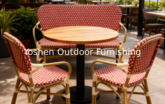 Outdoor French Bistro Rattan Sofa Bench Chair Rattan Restaurant Sofa Burgundy Red for Hotel Resort