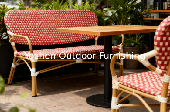 Outdoor French Bistro Rattan Sofa Bench Chair Rattan Restaurant Sofa Burgundy Red for Hotel Resort