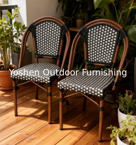 الاستخدام التجاري الكرسي الفرنسي النسيج المنسوج من الروتان الأسود الأبيض المقسم بالفناء كرسي طعام لمقهى مطعم فندق