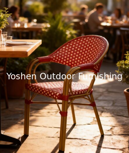 تراص كراسي خارجية باللون الأحمر بورغندي على طراز البيسترو الفرنسي، كراسي بذراعين خارجية فرنسية باريسية للفناء للمطعم