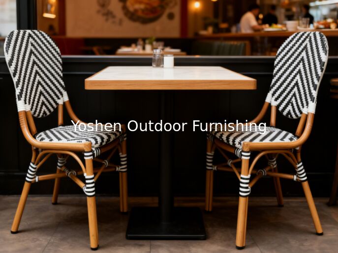 كرسي مطعم خارجي فرنسي من الراطان الألومنيوم الخيزران الإطار الملوّن أساطير الزيبرا مع الشرائط الأسود الأبيض كرسي خارجي