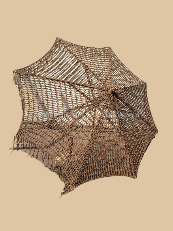 مظلة سوق خارجية ملونة باللونين الأحمر والوردي بطول 9 أقدام، مظلة مكرمية منسوجة بحبل، مظلة كروشيه منسوجة، مظلة شمسية 9