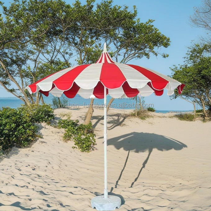 8.5 أقدام من الفولاذ المقاوم للصدأ الباغودا المظلة فناء الألياف الزجاجية ضلع الشاطئ المظلة الأحمر والأبيض الباغودا المظلة 3