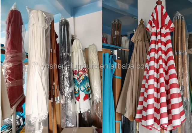 مظلة شمسية خشبية دائرية من قماش الكانفاس في جميع الأحوال الجوية بطول 10 أقدام للشاطئ، منتجع فندقي، نزهة، عمود خشب الساج، مظلة شمسية 7